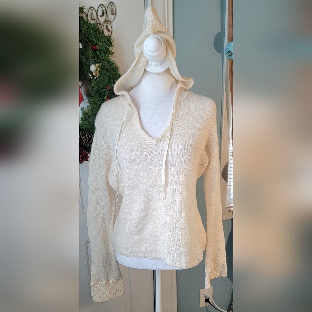 Y2K Hooded Babydoll Sweater Womens L Ivory Open Knit Bell Sleeve Wool Blend Cozy